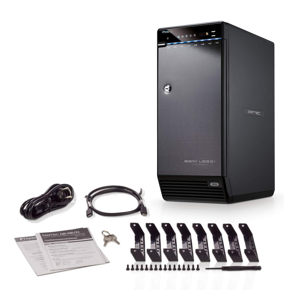 FANTEC 8X Hard Drive Enclosure USB-C 3.1 Gen2 10G for The Installation of 8X 3.5/2.5 Inch SATA I/II/III HDDs/SSDs. Automatic Fan with Internal Temperature Sensor, Lockable Metal housing, Black