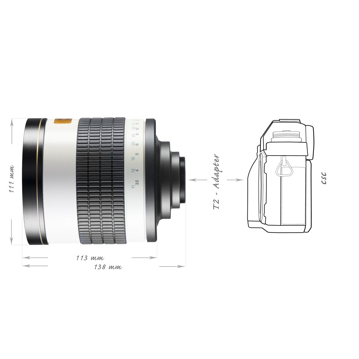 Walimex 16437 - Teleobjetivo para micro cuatro tercios (distancia focal fija 800 mm, apertura f/8, diámetro: 23 mm), negro y blanco