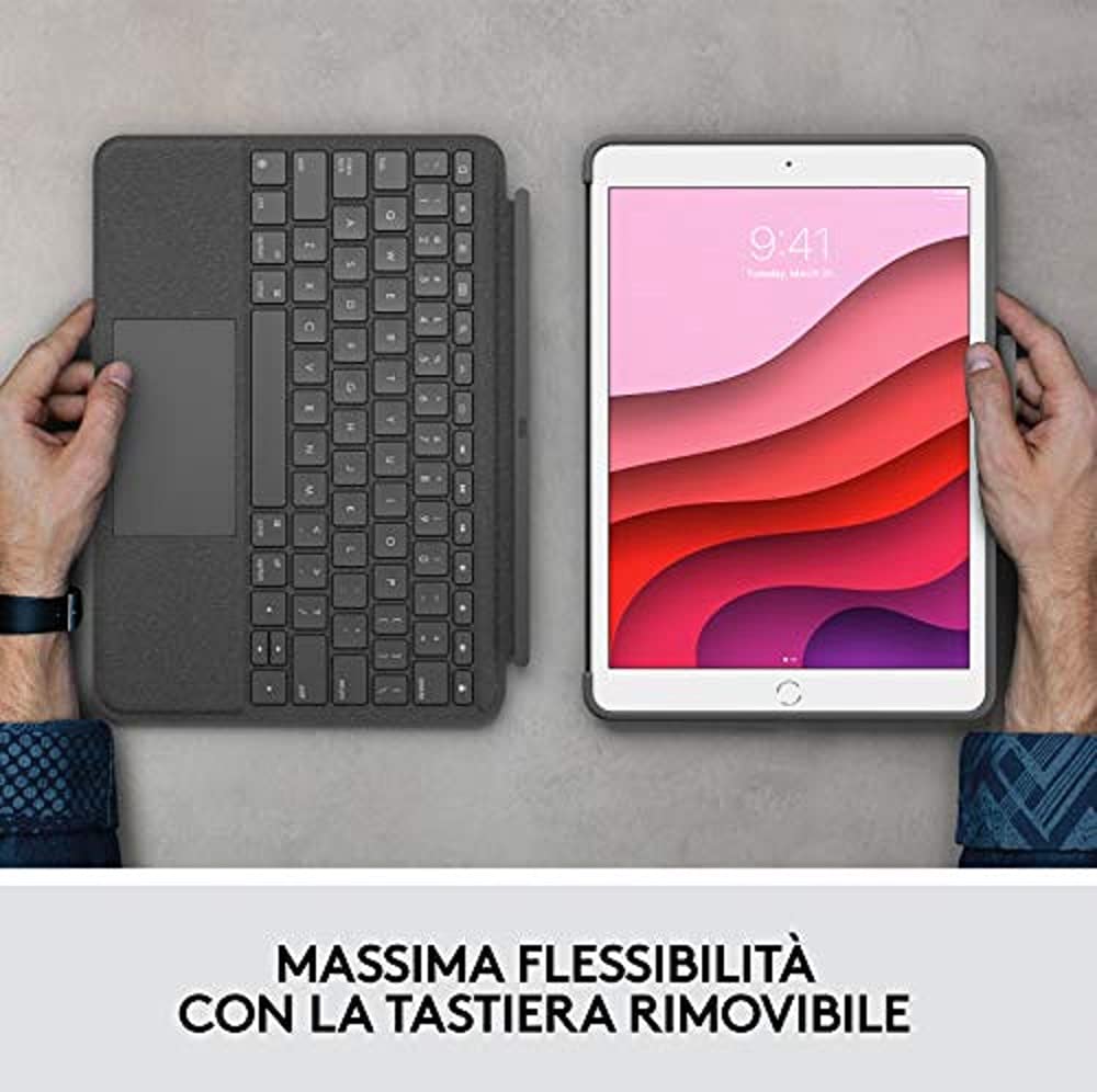 Logitech Combo Touch para iPad (7.ª, 8.ª y 9.ª generación) Funda con trackpad de precisión, Disposición QWERTY Italiano - Gris