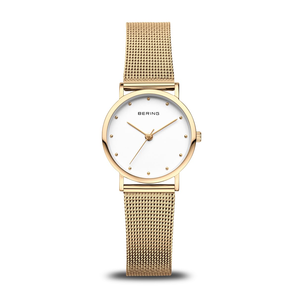 BERING 13426-334 Reloj de cuarzo para mujer con caja de acero inoxidable de 26 mm con acabado dorado y esfera blanca, correa milanesa, cristal de zafiro y resistencia al agua de 3 ATM