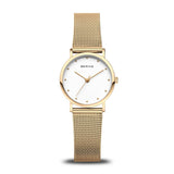 BERING 13426-334 Reloj de cuarzo para mujer con caja de acero inoxidable de 26 mm con acabado dorado y esfera blanca, correa milanesa, cristal de zafiro y resistencia al agua de 3 ATM