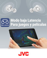 JVC Auriculares Inalámbricos Cancelación de Ruido - Compact True Wireless Earbuds Bluetooth 5.2, Modo Baja Latencia, Batería con 21H de reproducción, Resistencia al Agua (IPX4) HA-Z330T-W (Blanco)