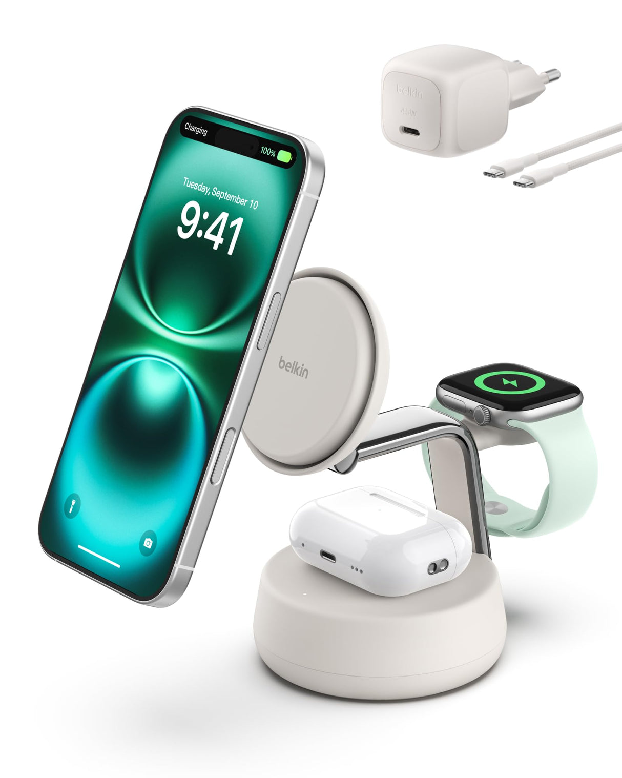 Belkin UltraCharge Pro Cargador Inalámbrico 3 en 1, 25W, Cargador Qi2 Compatible con MagSafe, Estación de Carga para iPhone 16, Apple Watch, AirPods, Pixelsnap con Ventilador y Adaptador 45W, Beis