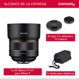 Samyang SA7073 - Objetivo AF para cámara Nikon F (85 mm, F1.4 F, 85 mm, formato completo, sin espejo, réflex, formato completo y APS-C, con montura Nikon F, rosca de filtro de 77 mm) negro