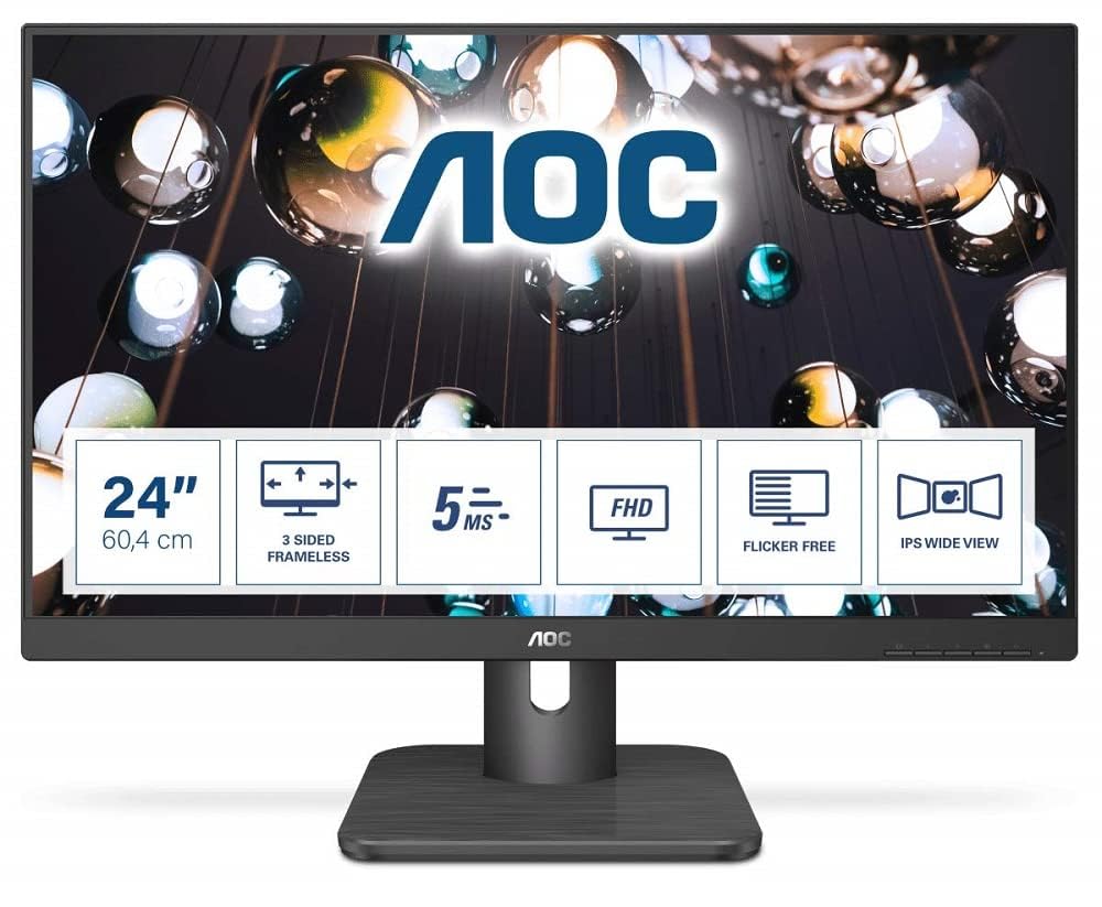 AOC 24E1Q Monitor 24 Pulgadas FHD, 60Hz, IPS, 5 ms GtG, Altavoces (1920x1080, 1x HDMI 1.4, 1x DP 1.2), Negro
