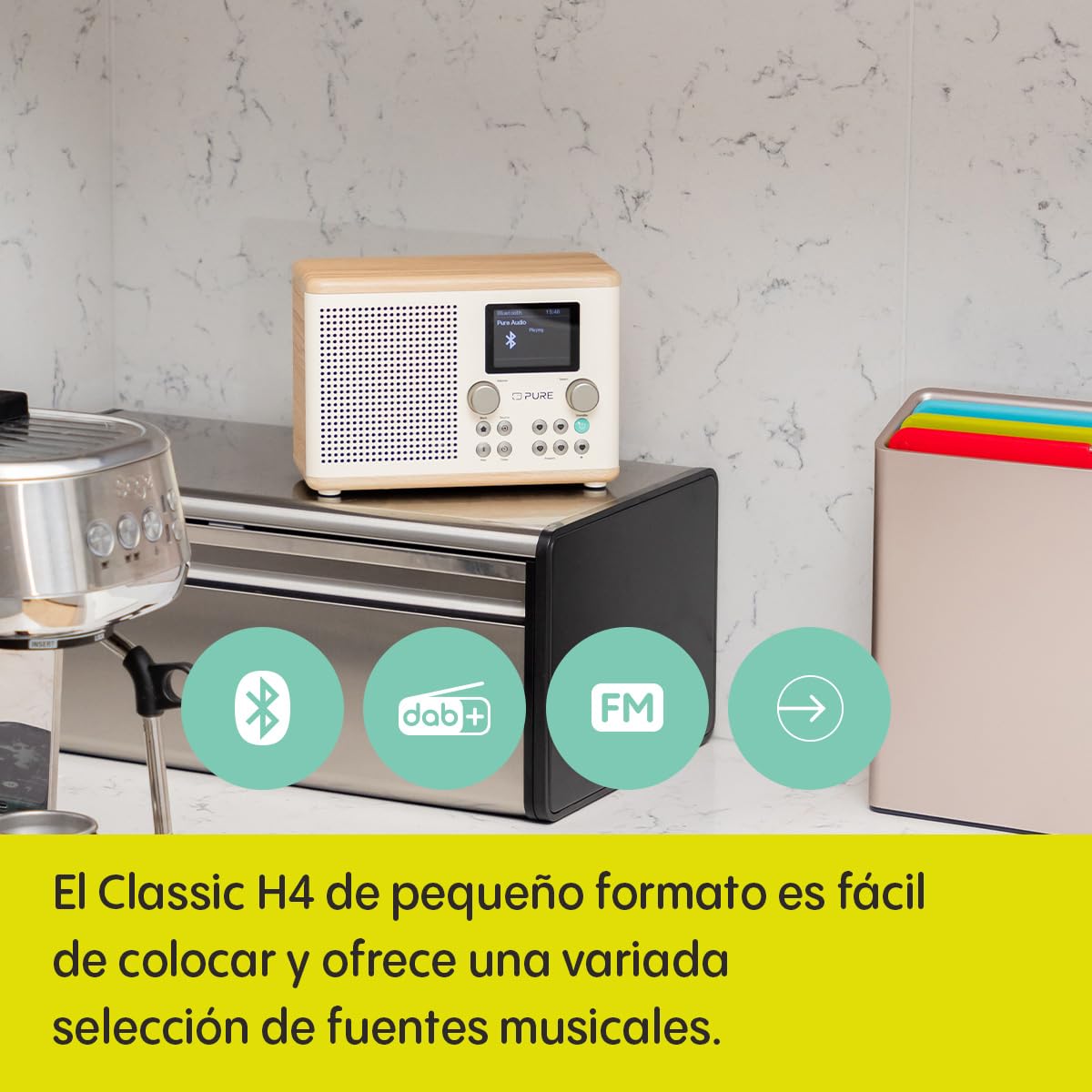Pure Classic H4 Radio Digital de Cocina (Dab+/FM, Bluetooth, USB, AUX, Temporizador de Cocina, Alarma), Blanco Algodón/Roble