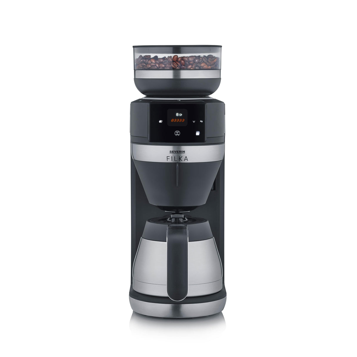 SEVERIN FILKA, cafetera de filtro totalmente automática, cafetera de filtro 5 en 1 con pantalla LED, molinillo, con jarra termo, negro mate/acero inoxidable, KA 9695