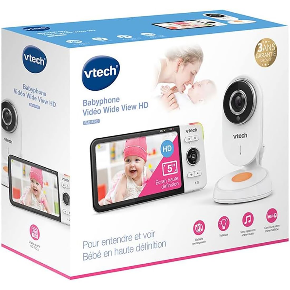 VTech - BM818 - Wide View HD Video Baby Monitor - 5 Inch Ultra Flat HD Display - Night Light and Lullabies 720p - Version ES White