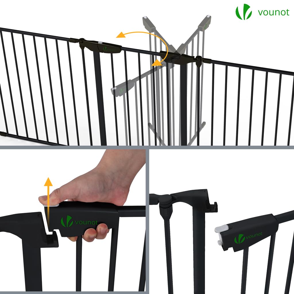 VOUNOT® Barrera de Seguridad Multifunción 6 Paneles, Rejilla de Protección de Metal para Chimenea Puertas Escaleras, Parque Recinto para Perros Corralito para Mascotas Valla Plegable, 74x375 cm, Negro