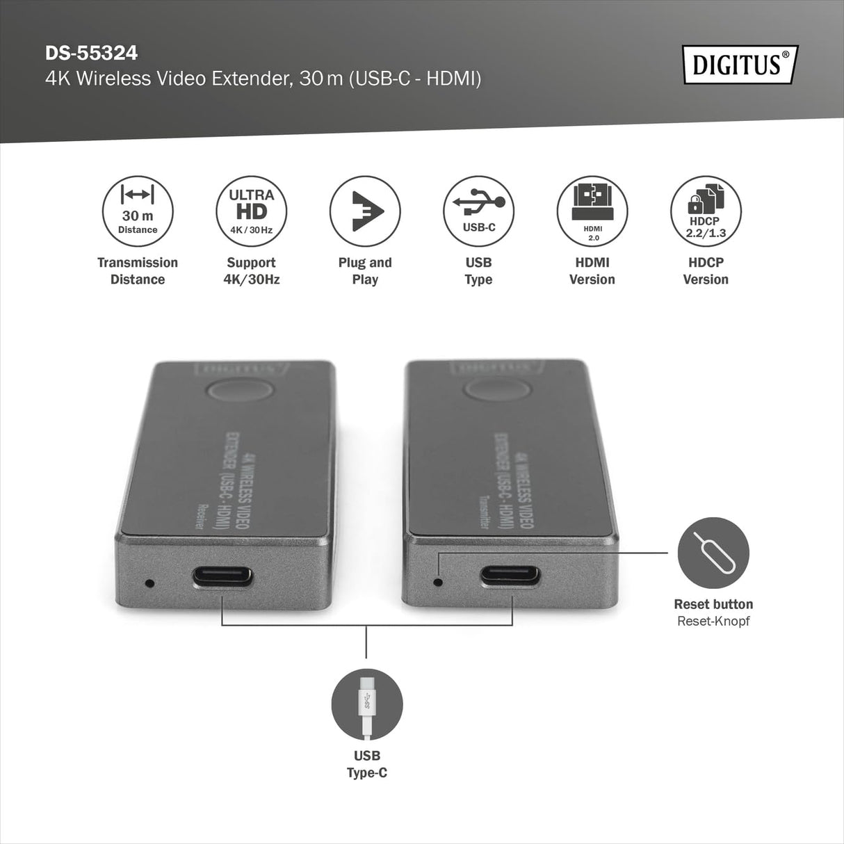 DIGITUS Juego de Extensores de Vídeo Inalámbricos - 30 m de Alcance - Ultra-HD 4k/30Hz - Transmisor con Conector USB-C y Receptor con Conector HDMI - Punto a Punto - Plug&Play - Negro-Plata