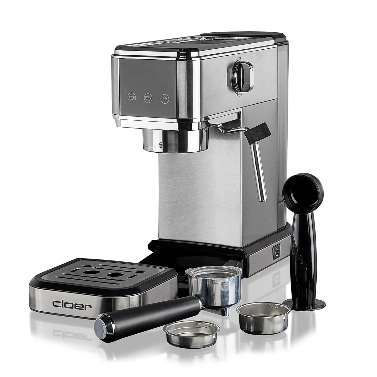 Cloer 5829 Máquina de café espresso, Cafeterea espresso con espumador de leche, 20 bares, 1350W, Diseño delgado, 1-2 tazas espressos, cappuccinos, latte macchiato, Apagado de seguridad