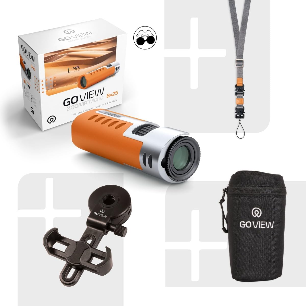 GoView ZOOMR HD Mono 8x25 monocular Compacto de Alta definición, Mini telescopio (Zoom de 8 aumentos, Carcasa de magnesio, Incluye Adaptador para Smartphone y Accesorios) Sunset Orange