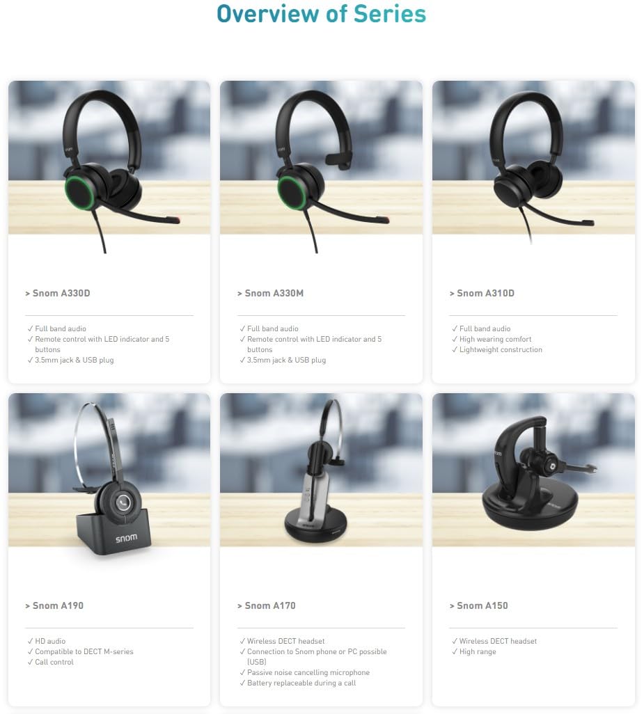 Snom A310M - Auriculares monoaurales para centros de Llamadas y oficinas - Sonido HD, Gran Comodidad, Estructura Ligera, cancelación pasiva del Ruido - Compatibles con teléfonos