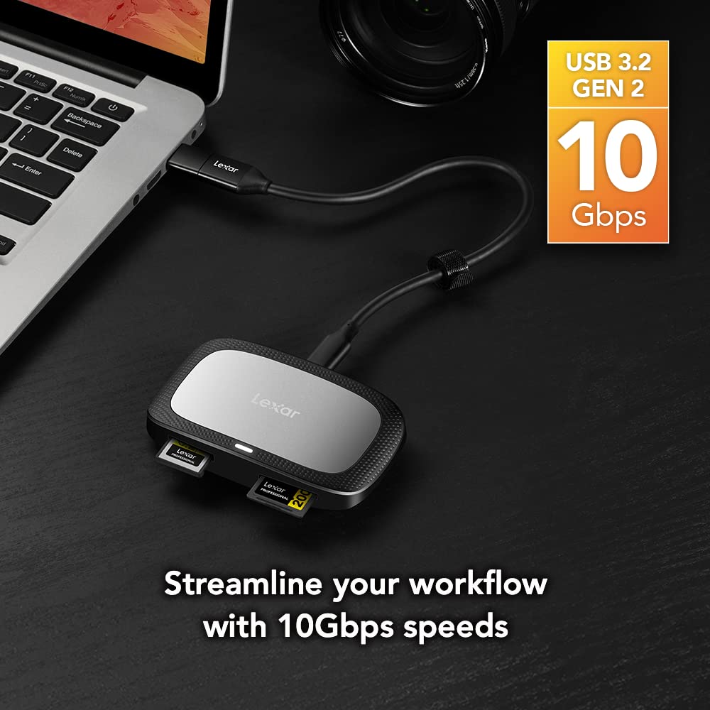 Lexar Lector Profesional CFexpress Tipo A/SD USB 3.2 Gen 2, diseñado para Tarjetas CFexpress Tipo A y SD UHS-II, velocidades de Transferencia USB de Alta Velocidad de 10 Gbps (LRW530U-RNBNG)