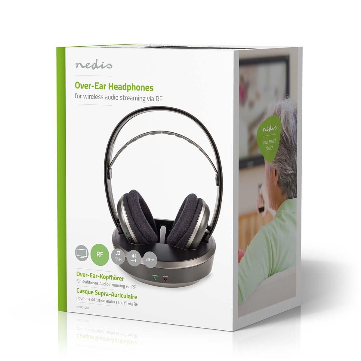 NEDIS Wireless TV Headphones | RF | Over-Ear | Maximum Battery Play Time: 11 hrs | 100 m | Digital Audio | Charging Dock | Black/Silver
