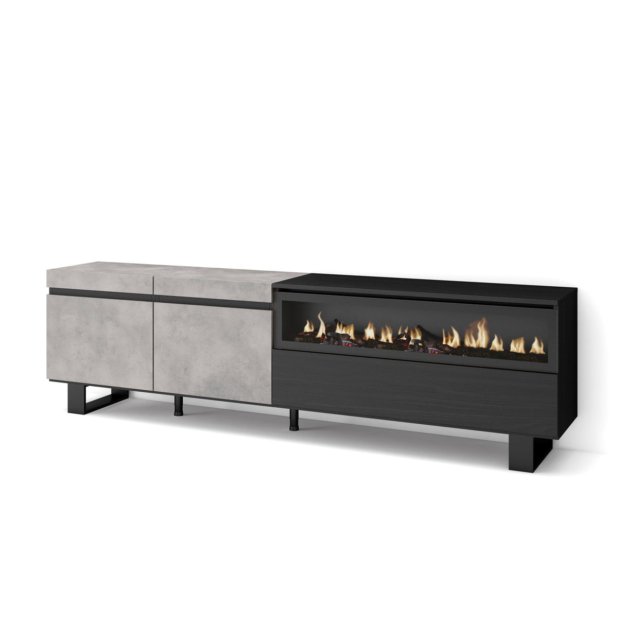 Skraut Home | Mueble TV | Televisión | Muebles de salón, almacenaje | 200x57x35cm | para TV hasta 80" | Chimenea eléctrica | Diseño Industrial | Estilo Moderno | Cemento