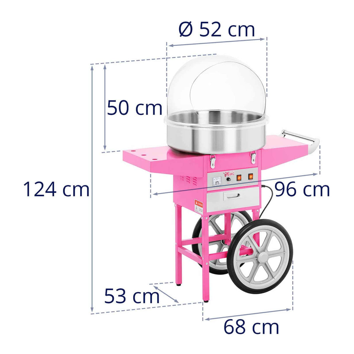 Royal Catering Máquina de Algodón de Azúcar con Carrito, Control Termostato y Rotación, 1200W, color Rosa, 52 cm
