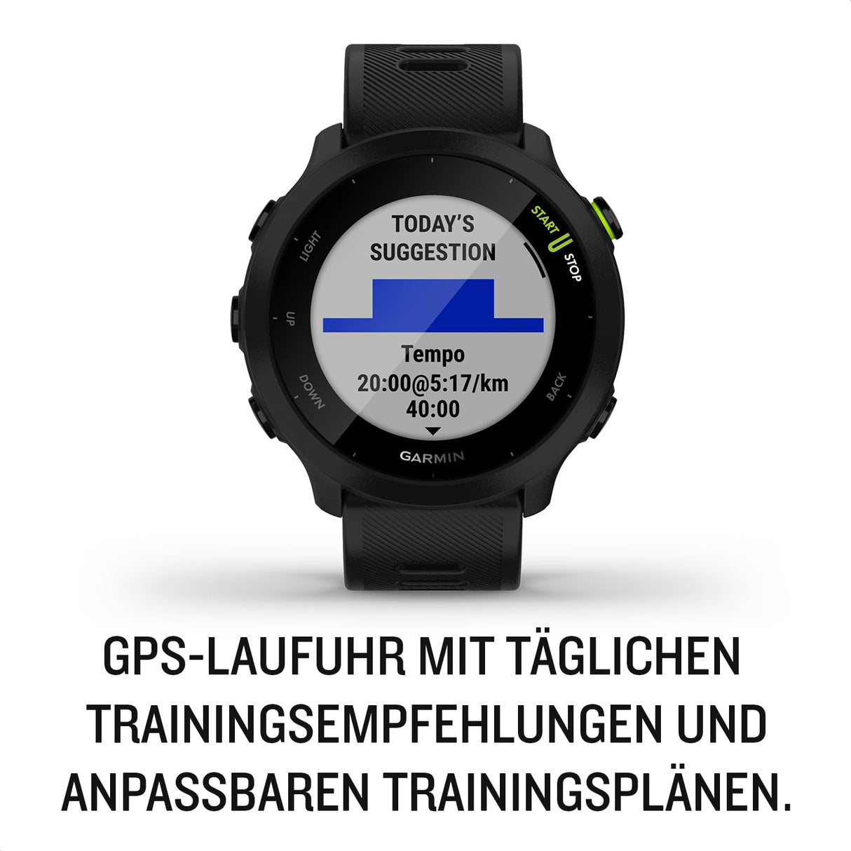 Garmin Forerunner 55, Reloj inteligente para running con GPS, Planes de entrenamiento, Notificaciones y seguimiento del bienestar, Color Negro
