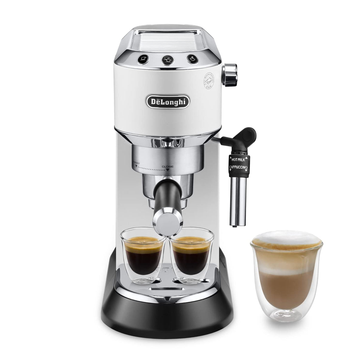 De'Longhi Dedica - Cafetera de Bomba de Acero Inoxidable para Café Molido o Monodosis, Cafetera para Espresso y Cappuccino, Depósito de 1.3 Litros, Sistema Anti-goteo, EC685.W, Blanco
