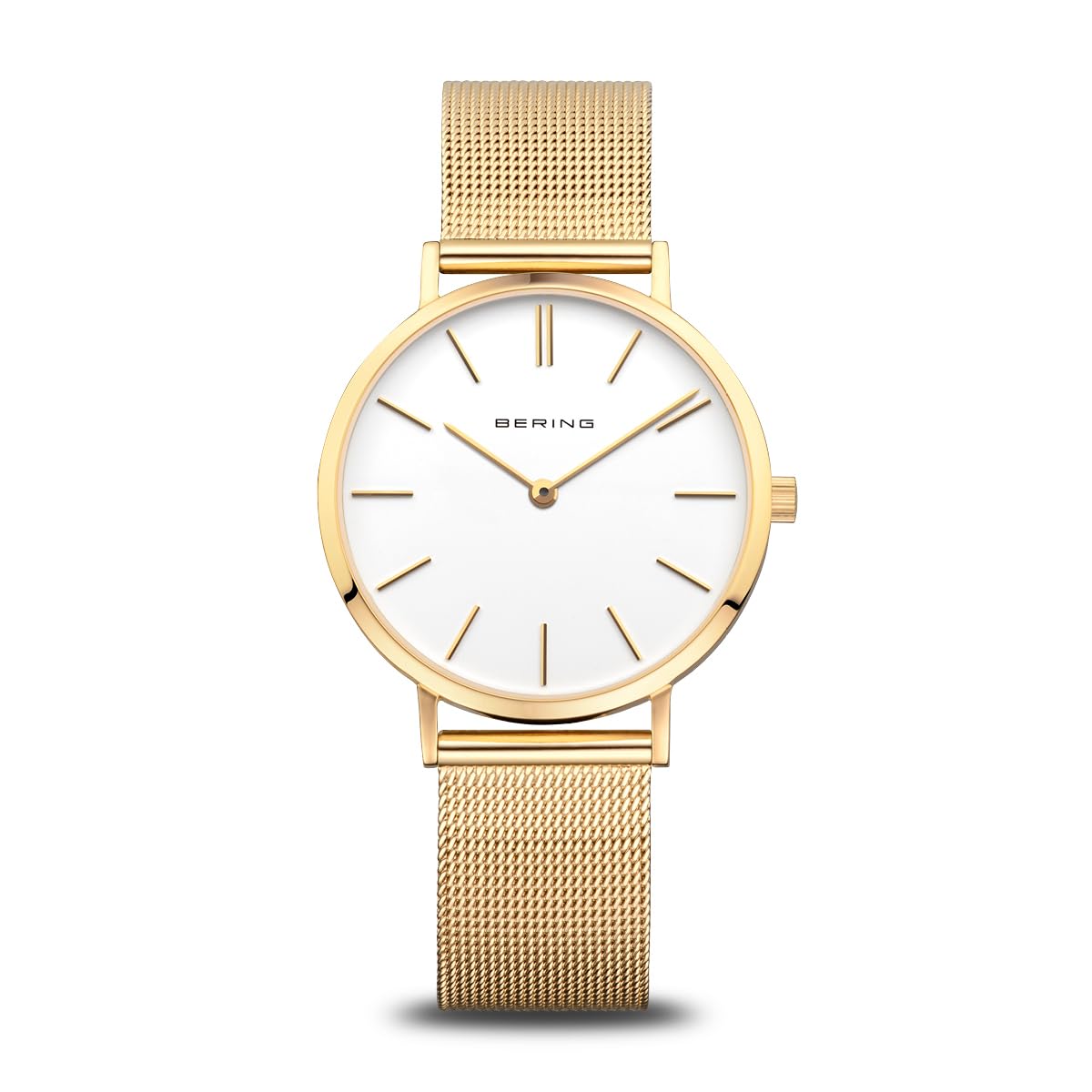 BERING 14134-331 Reloj de cuarzo para mujer con caja de acero inoxidable de 34 mm con acabado dorado y esfera blanca, correa milanesa, cristal de zafiro y resistencia al agua de 3 ATM
