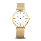 BERING 14134-331 Reloj de cuarzo para mujer con caja de acero inoxidable de 34 mm con acabado dorado y esfera blanca, correa milanesa, cristal de zafiro y resistencia al agua de 3 ATM