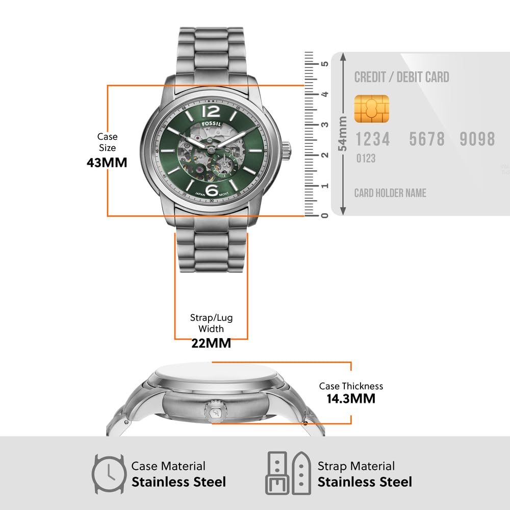 Fossil Reloj Analógico para Hombre de Automático con Correa en Acero Inoxidable ME3262, Verde Pavo Real