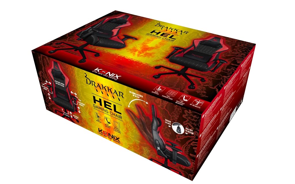 Konix Drakkar Silla de Oficina para Gaming Hel - Inclinación del Asiento 150° - Cuero de Poliuretano Liso - Negro y Rojo