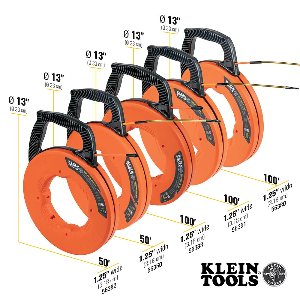 Klein Tools 56351 - Cinta pasacables eléctricos no conductora, extractor de alambre de fibra de vidrio con guía de acero, caja optimizada, 30,5 m x 0,5 cm