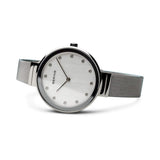 BERING 12034-000 Reloj de cuarzo para mujer con caja de acero inoxidable plateado de 34 mm y esfera plateada, correa milanesa, cristal de zafiro y resistencia al agua de 3 ATM