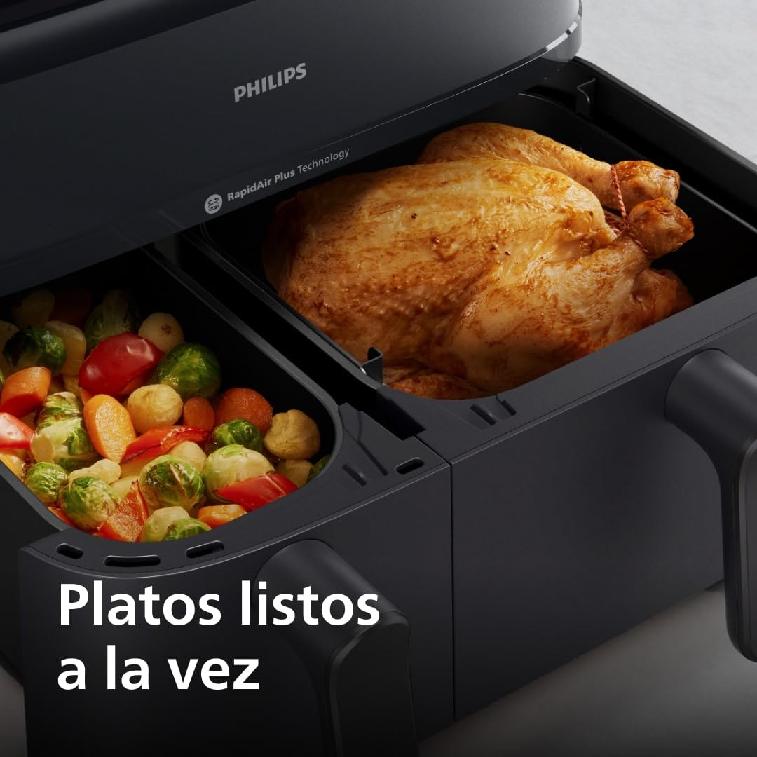 Philips Airfryer Serie 5000 Dual Basket con vapor - 9L, tecnología RapidAir Plus, 19 funciones en 1, 90% menos de grasa, Air Steam, 2 cestas, 2 tamaños, Cocina a vapor, Accesorios (NA550/00)