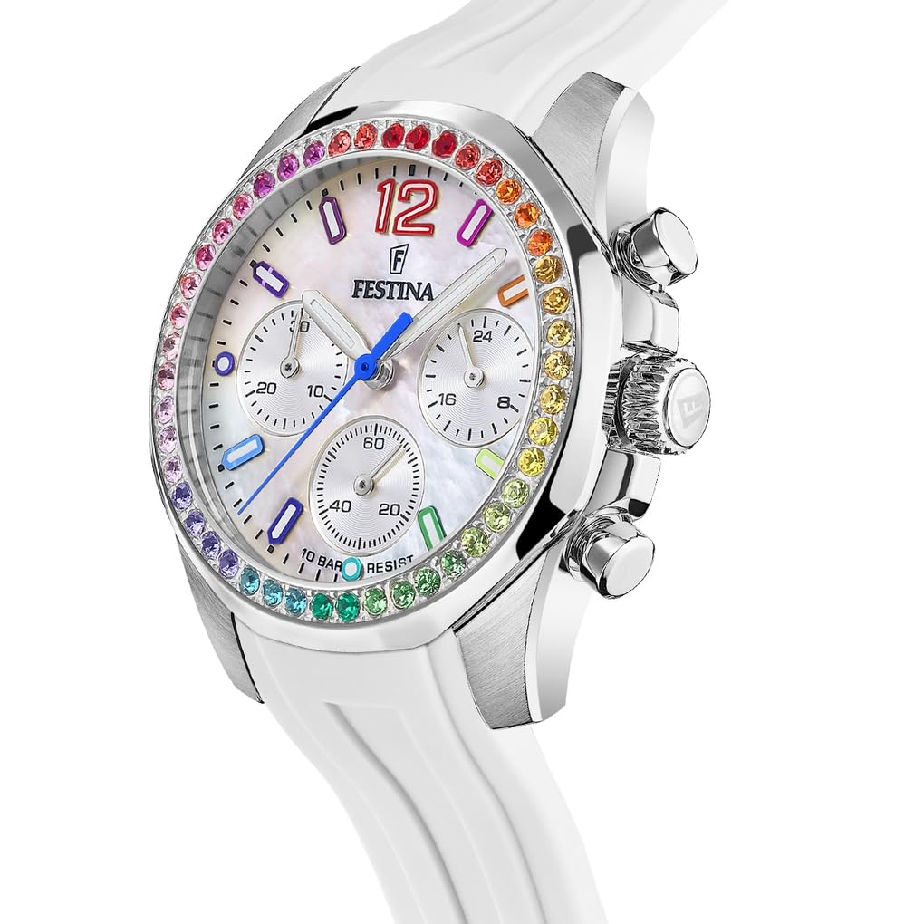 Festina Reloj Mujer F20610/2 Boyfriend Caja de Acero Inoxidable 316l Plateado Correa de Caucho Blanco