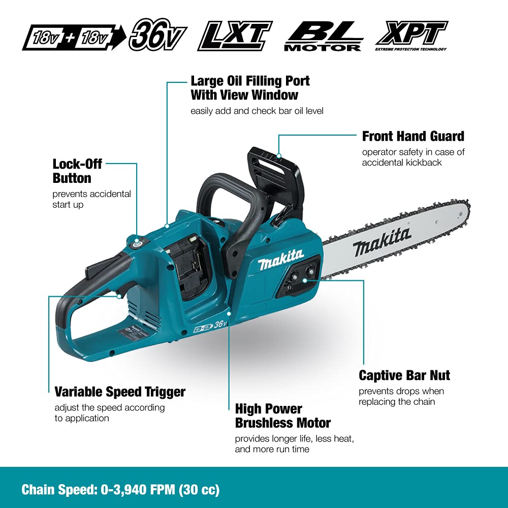 Makita DUC355Z Sierra De Cadena Bl 18Vx2 Lxt Tuercas Anticaida, 36 V, Multicolor (without Battery or Charger)