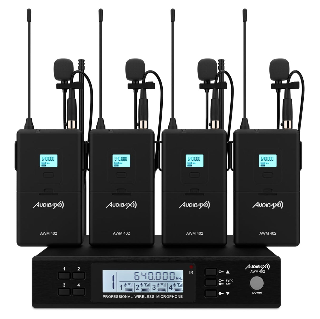 Audibax AWM 402 Sistema Inalámbrico Micrófono Lavalier de 4 Canales UHF