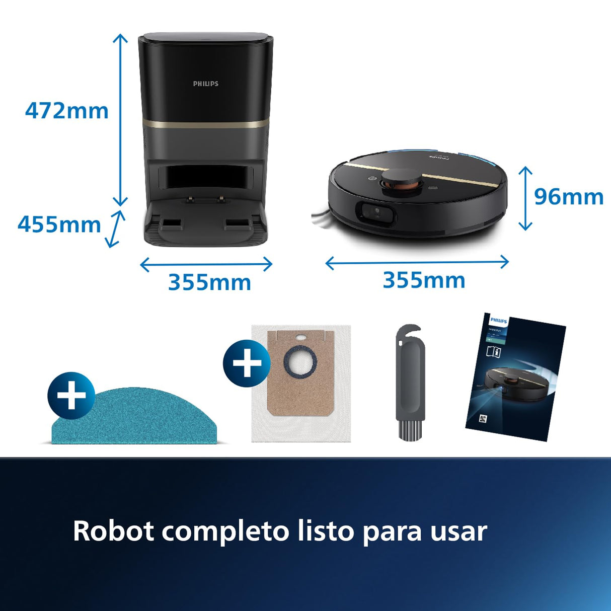 Philips Robot Aspirador y friegasuelos Homerun 7000, succión ultrapotente (5000 Pa), detección de obstáculos pequeños, estación de Vaciado automático, Robot Aspirador, App, Negro (XU7100/01)