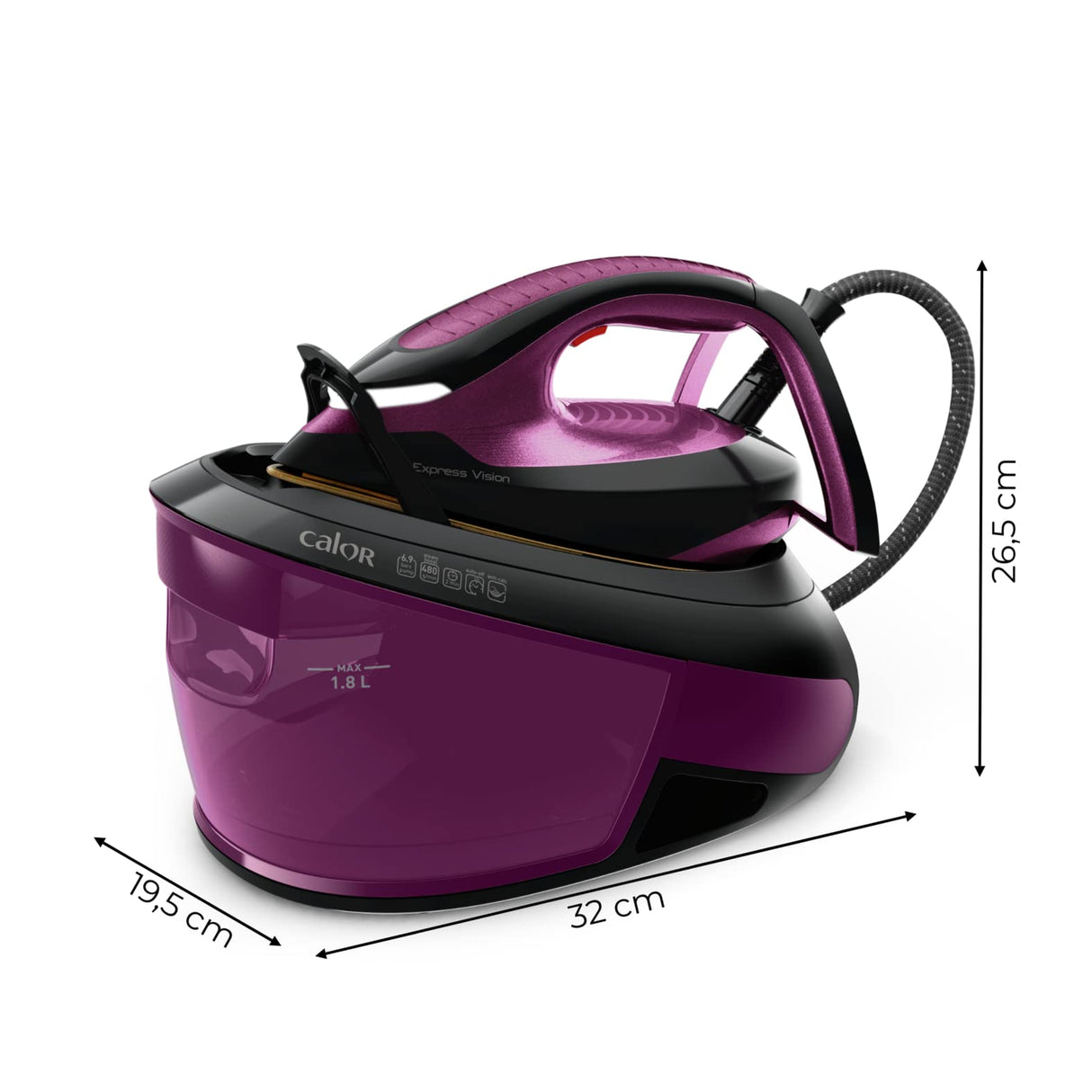 Calor central vapor, 6,9 bares, flujo de vapor 130 g/min, función de prensado 480 g/min, tanque 1,8 L, Led Vision, colector de piedra caliza, fabricado en Francia, púrpura/negro SV8152C0