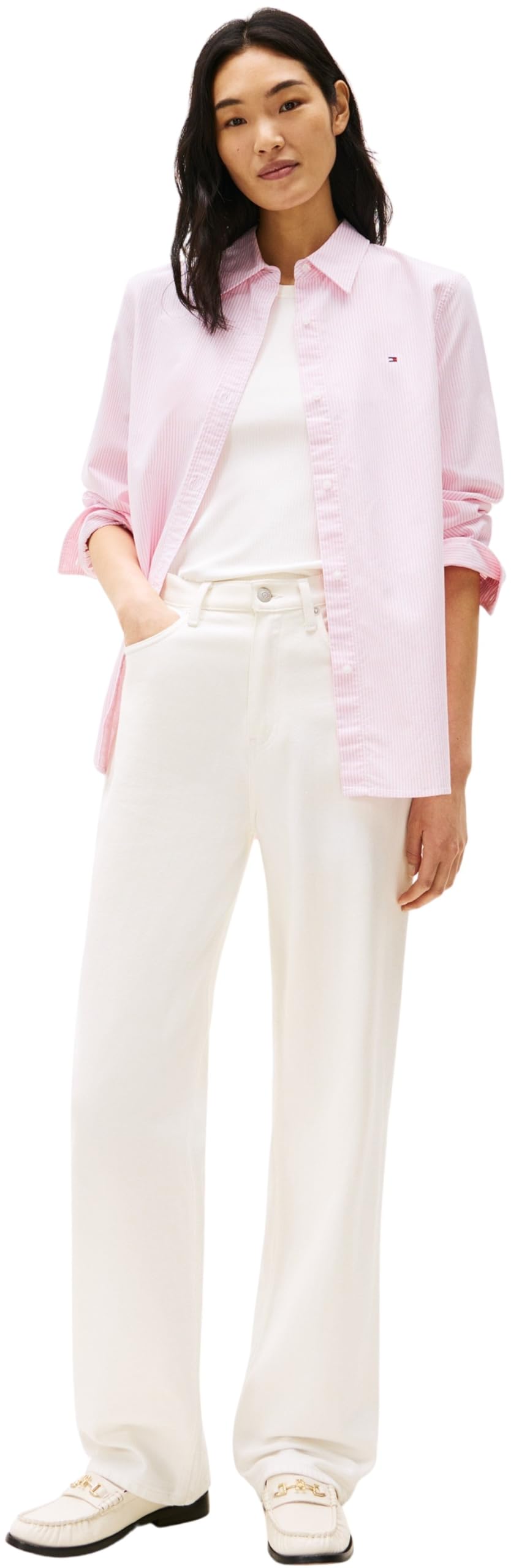 Tommy Hilfiger Camisa Mujer Oxford Relaxed Fit, Multicolor (Classic Ithaca STP/Mid Pink), 44