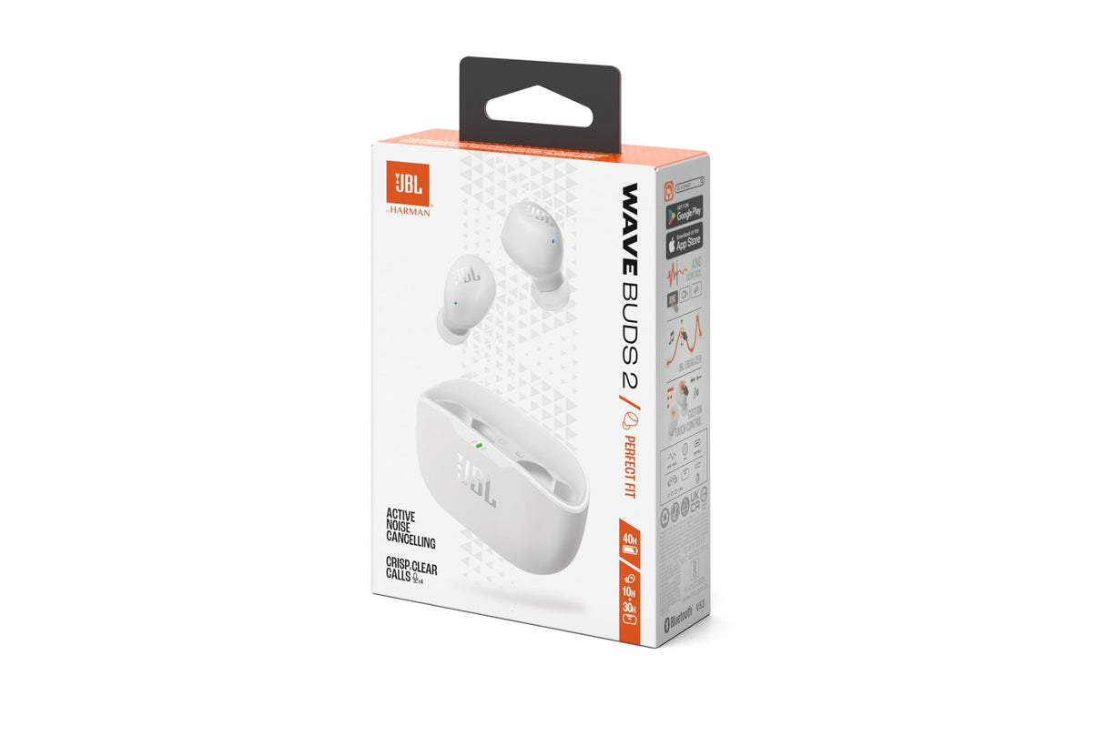 JBL Wave Buds 2, Auriculares True Wireless con cancelación de Ruido Activa, Bluetooth, hasta 40 hrs de autonomía, Sonido Pure Bass, Smart Ambient, conexión multipunto, Blanco