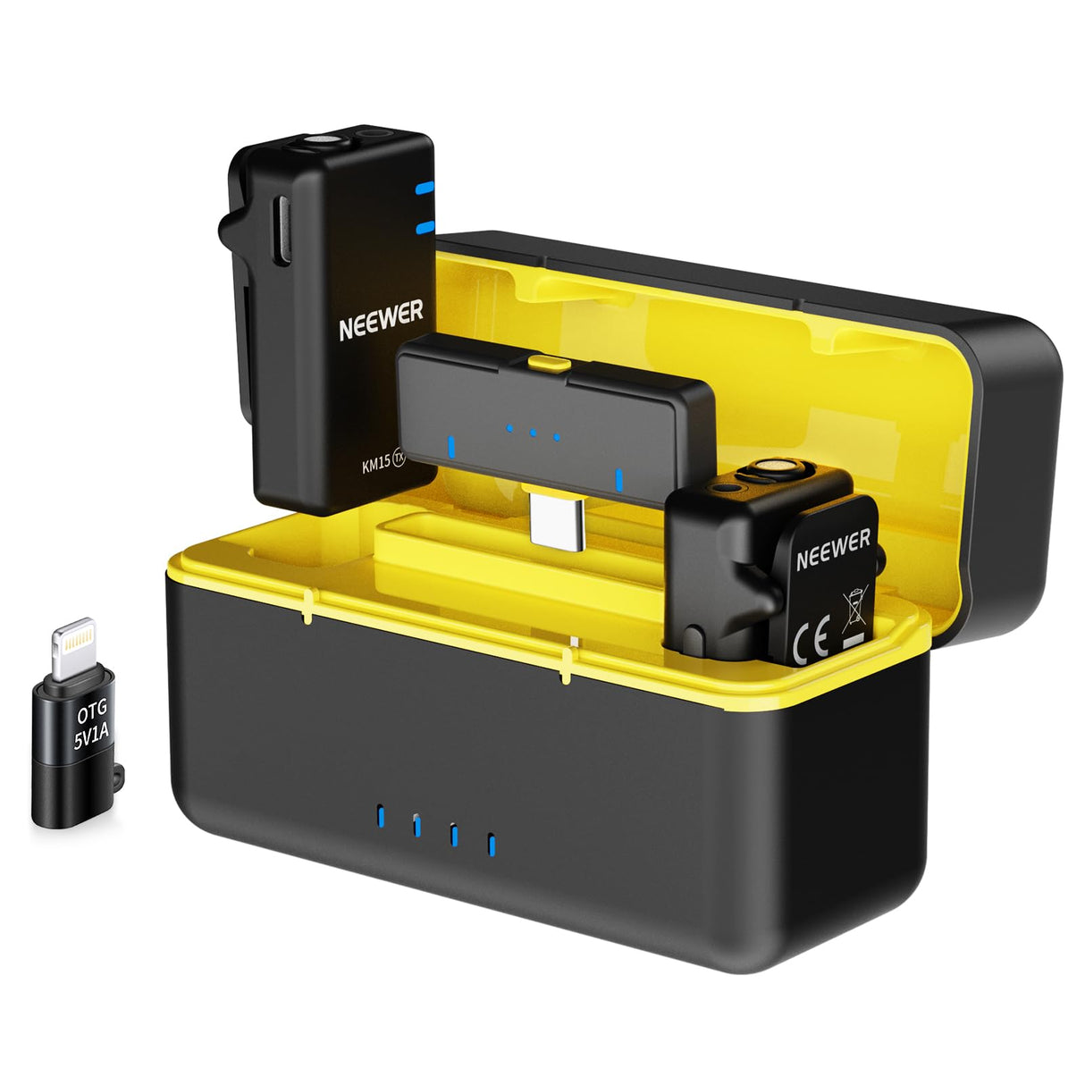 NEEWER KM15 Sistema Micrófono Solapa Inalámbrico, Compatible con iPhone Android PC, Mini Mic Solapa USB C con Cancelar Ruido, Alcance 300m 48KHz/24Bits, Batería 9 Horas para Grabación Streaming