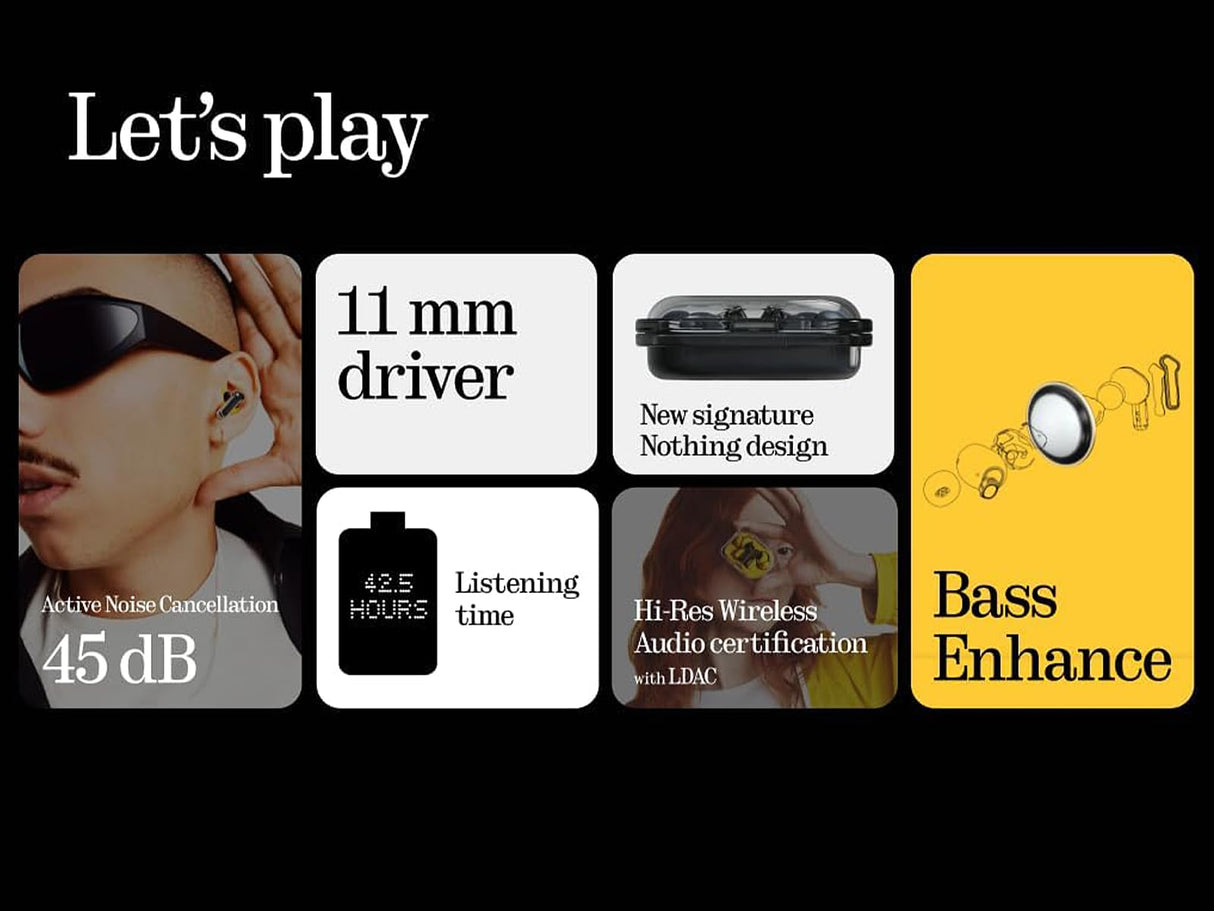 Nothing Ear (a) Auriculares inalambricos Bluetooth con Integración de ChatGPT, Cancelación de Ruido Activa, Algoritmo de Mejora de Graves y hasta 42,5 Horas de reproducción - Amarillo