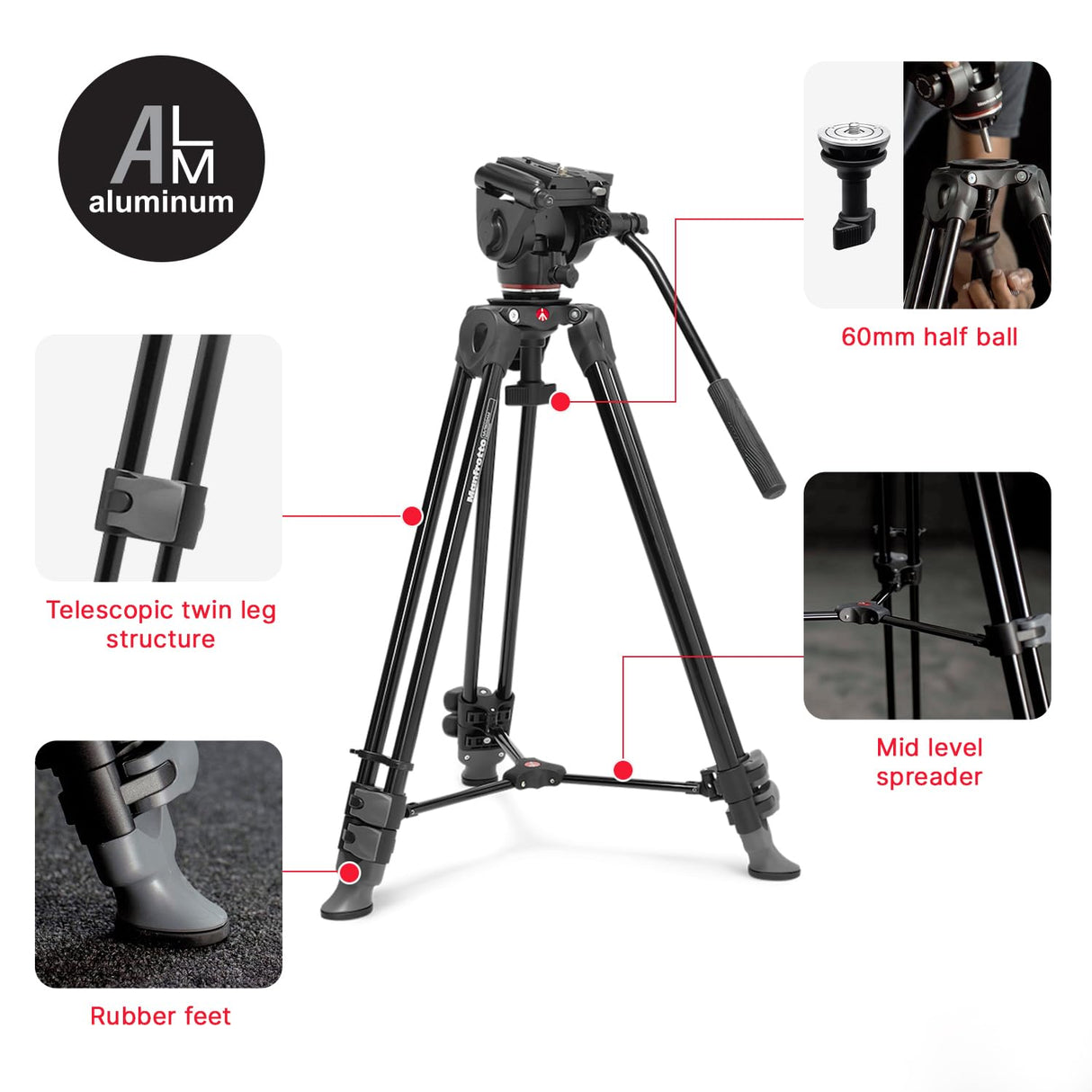 Manfrotto 500x Kit de Vídeo, Rótula Fluida y Trípode de Doble Tubo de Aluminio, Carga 5 Kg, Base Plana, Separador Medio, Placa Rápida, Vertical/Horizontal, Bolsa Incluida