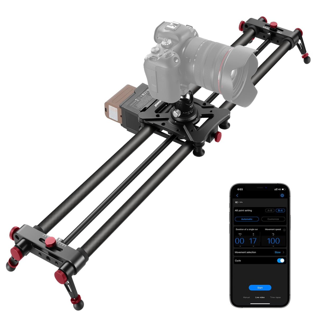 NEEWER 31,5"/80cm Deslizador Motorizado Cámara, App Control Inalámbrico DSLR Deslizador Riel Fibra Carbono con 4400mAh Batería F750 (Cargador No Incluido), Modo Video, Lapso Tiempo Foto, ER1-80