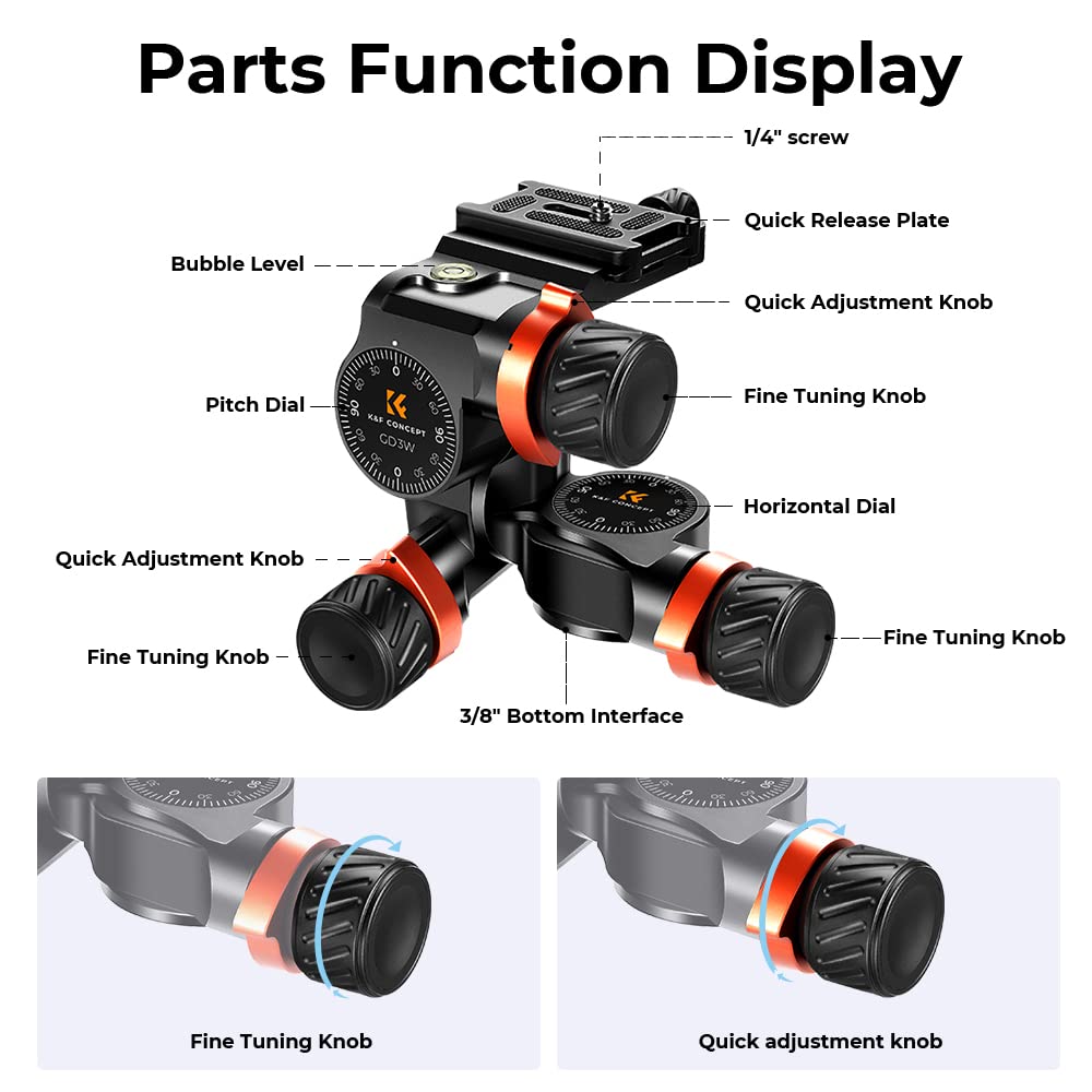 K&F Concept GD-3W Geared Tripod Head, Cabezal de 3 Vías para Trípodes,Cabezal de CNC Process Aluminio para Videocámaras,Equipamiento de Fotografía y Cámara,Creación de Contenidos,Vlogging Carga 6KG