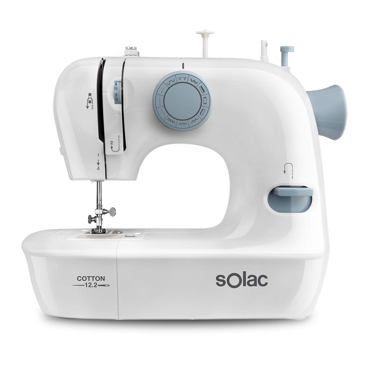 Solac SW8221 Cotton 12.2 - Máquina de Coser, 12 Puntadas, Brazo Libre, Sistema Vertical de Carga. Iluminación en la Zona de Trabajo, Funciona Con y Sin Pedal, Asa Transporte, Blanco