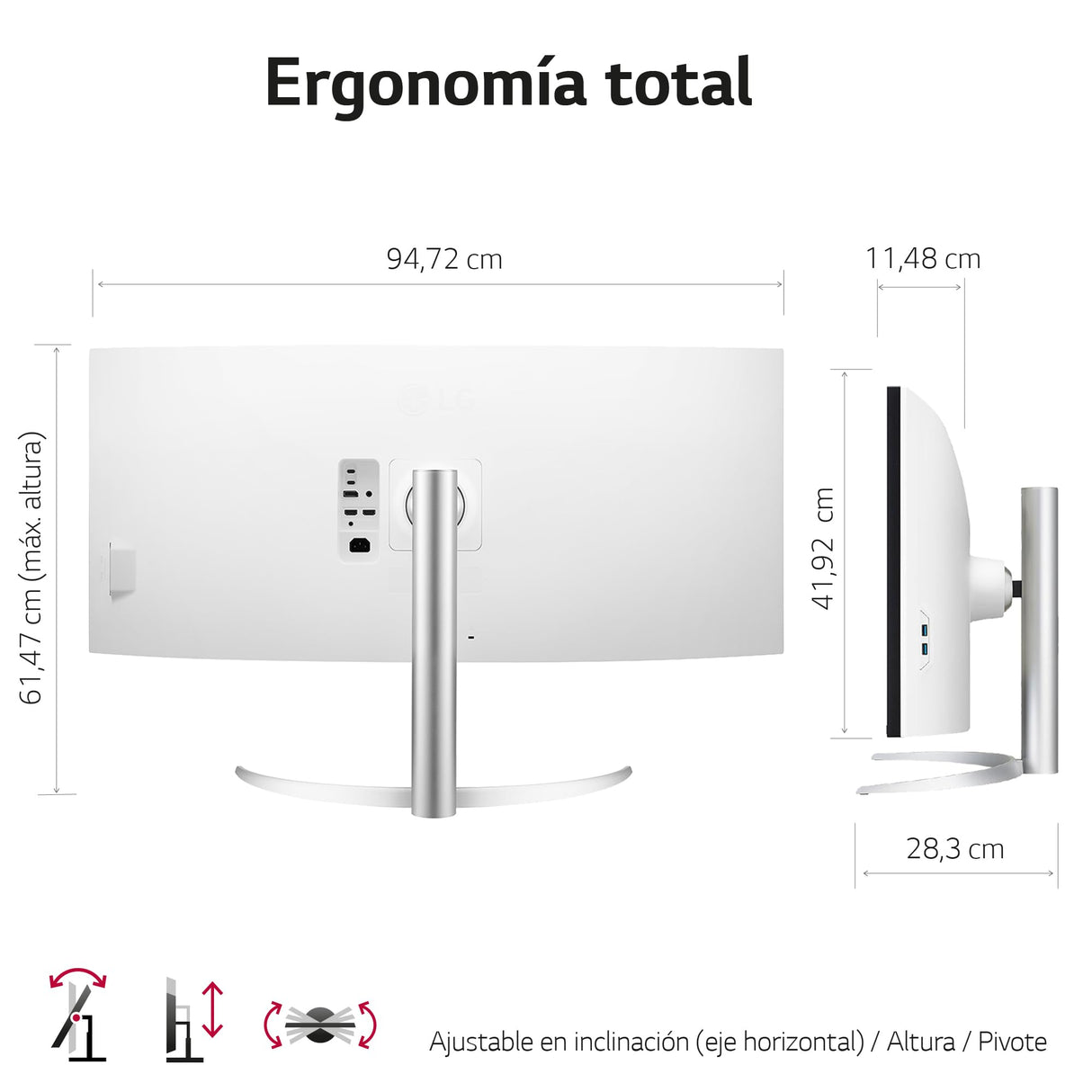LG 40WP95CP-W -Monitor UltraWide Ultrapanorámico 39,7", 21:9, Nano IPS: (5120x2160), 300cd/m², 1000:1, DCI-P3>98%, HDMIx2, DPx1, USB-Cx1, USB-Ax2; HDR10, Modo PBP, Altavoces 2x10W, Color Blanco