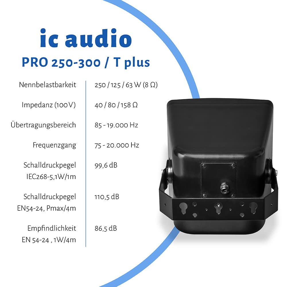 ic audio Altavoz Pro 250-300 - Altavoz Resistente a la Intemperie para Voz y música, fácil Montaje en Pared, Altavoz de 250 W, Ideal para Uso en Interiores y Exteriores, Color Negro