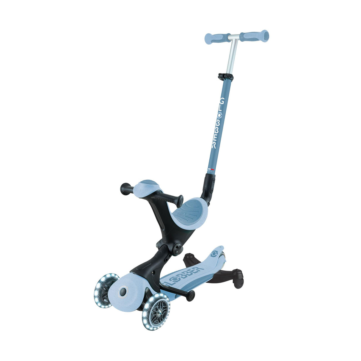 Globber - GO•UP Deluxe Lights Eco 360 - Patinete evolutivo de 3 Ruedas con Asiento Giratorio 360°, reposapiés, Luces LED y Materiales sostenibles, de 15 Meses a 6 años - arándano