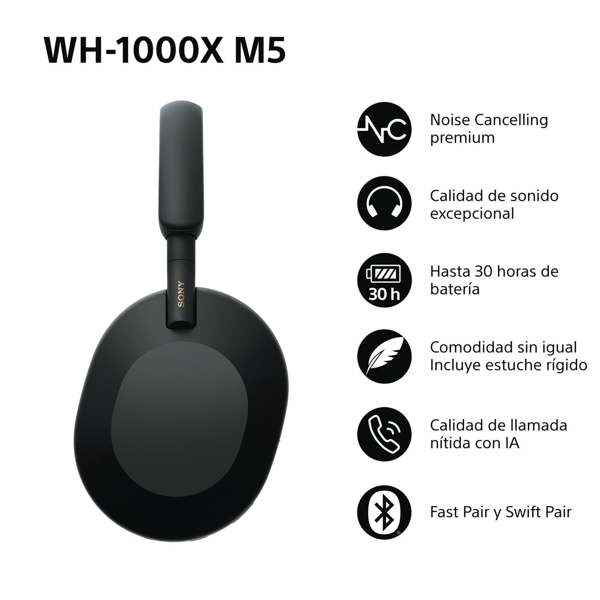 Sony WH-1000XM5 Noise Cancelling, Auriculares de diadema Bluetooth, Llamadas cristalinas, Hi-Res, 360 Reality Audio, 30 h de batería, Carga rápida, Incluye Funda rígida, iOS, Android - Negro