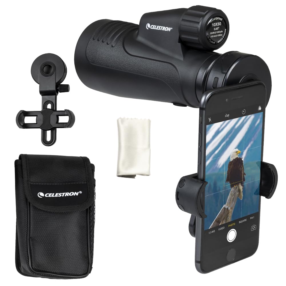 Celestron 72370 Outland X Monocular Resistente Agua 10x50 y Adaptador Smartphone, Bluetooth Remoto, Tapas oculares y Funda - Carcasa Resistente, Prisma BaK-4 y óptica Revestimiento múltiple, Negro