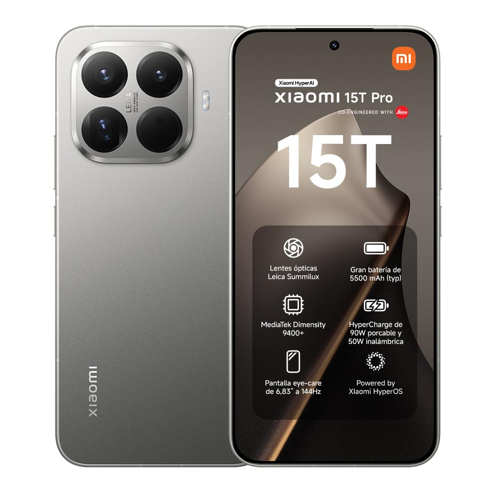 Xiaomi 15T Pro - Smartphone de 12+1024GB, Lente óptica Leica Summilux, MediaTek Dimensity 9400+, Pantalla Eye Care de 6,83" 144 Hz, HyperCharge de 90W, Cargador no Incluido, Gris (Versión ES)
