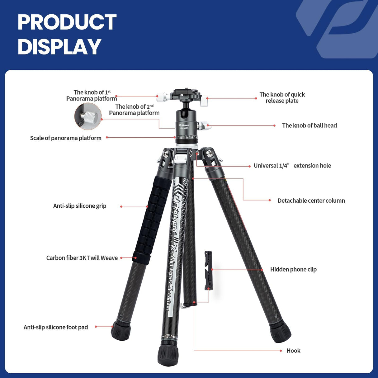 Fotopro Trípode de Viaje Ligero de 62 Pulgadas con monopio 360 Cabeza de Bola retráctil Estable 2.07 lbs trípode de Fibra de Carbono Profesional Ultraligero para cámara DSLR